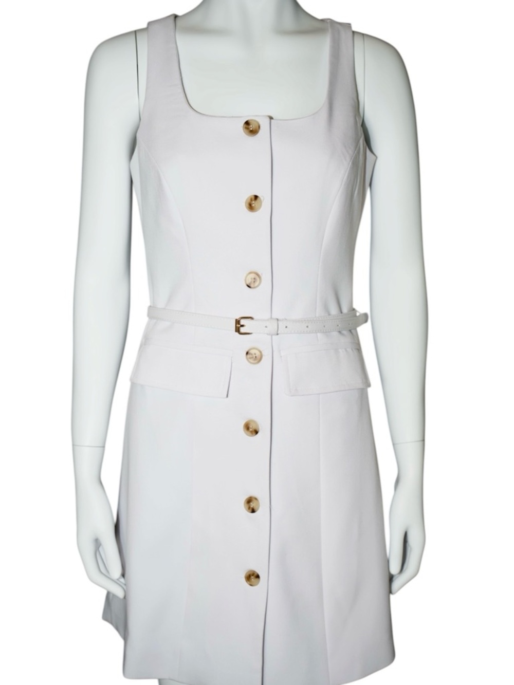 Saks Fifth Avenue Sleeveless Button-Front Off White Dress with Belt Size X-Small - Picture 4 of 14